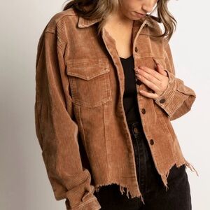 POL Relaxed Fit Corduroy Trucker Jacket in Teddy Bear Brown Cropped with Raw Hem